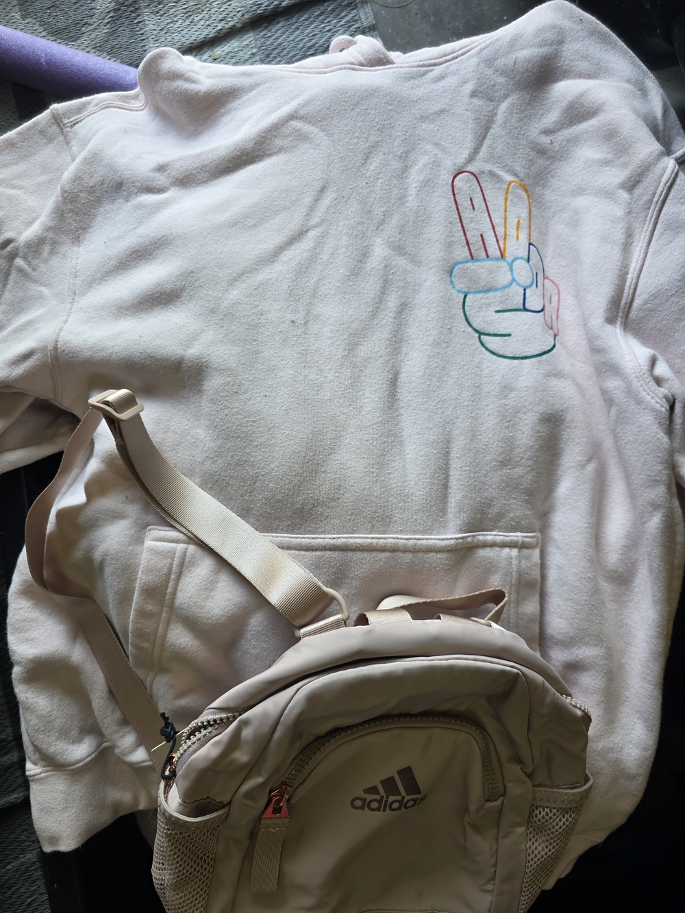 adidas Beige Backpack with Light Pink Rainbow Peace Hoodie Embroidery